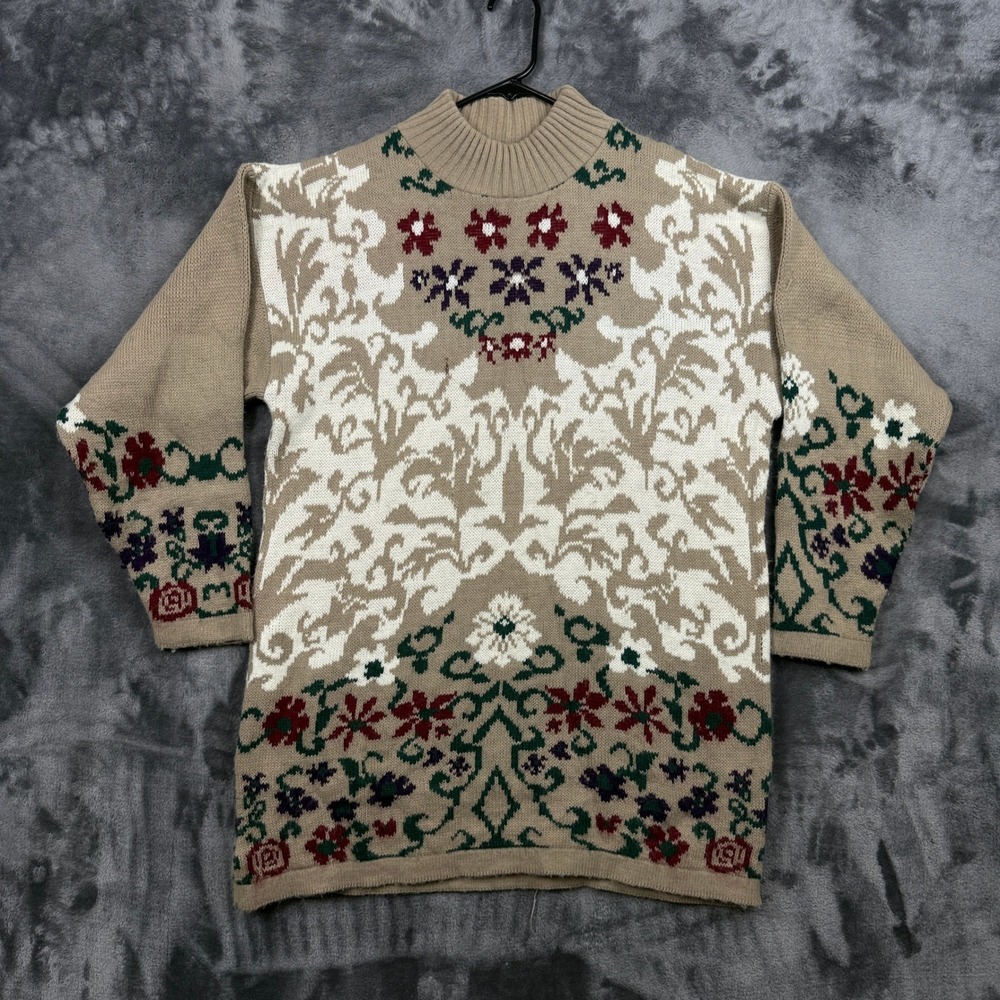 Dana Scott Floral Damask Knit Sweater Womens Medium Tan Mock Neck Vintage Style